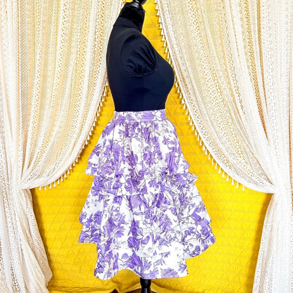 Buru Teagan Lavender Ruffle Tiered Brocade Midi Statement Dopamine Skirt Size S - Picture 6 of 15